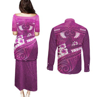 Pink Polynesia Couples Matching Puletasi and Long Sleeve Button Shirt Tribal Pattern Tropical Frangipani LT14 - Polynesian Pride