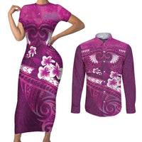Pink Polynesia Couples Matching Short Sleeve Bodycon Dress and Long Sleeve Button Shirt Tribal Pattern Tropical Frangipani LT14 Pink - Polynesian Pride