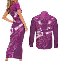 Pink Polynesia Couples Matching Short Sleeve Bodycon Dress and Long Sleeve Button Shirt Tribal Pattern Tropical Frangipani LT14 - Polynesian Pride