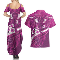 Pink Polynesia Couples Matching Summer Maxi Dress and Hawaiian Shirt Tribal Pattern Tropical Frangipani LT14 - Polynesian Pride
