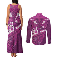Pink Polynesia Couples Matching Tank Maxi Dress and Long Sleeve Button Shirt Tribal Pattern Tropical Frangipani LT14 - Polynesian Pride