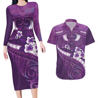 Purple Polynesia Couples Matching Long Sleeve Bodycon Dress and Hawaiian Shirt Tribal Pattern Tropical Frangipani LT14 Purple - Polynesian Pride