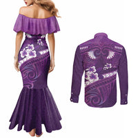 Purple Polynesia Couples Matching Mermaid Dress and Long Sleeve Button Shirt Tribal Pattern Tropical Frangipani LT14 - Polynesian Pride
