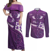 Purple Polynesia Couples Matching Off Shoulder Maxi Dress and Long Sleeve Button Shirt Tribal Pattern Tropical Frangipani LT14 Purple - Polynesian Pride