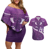 Purple Polynesia Couples Matching Off Shoulder Short Dress and Hawaiian Shirt Tribal Pattern Tropical Frangipani LT14 Purple - Polynesian Pride