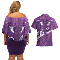 Purple Polynesia Couples Matching Off Shoulder Short Dress and Hawaiian Shirt Tribal Pattern Tropical Frangipani LT14 - Polynesian Pride
