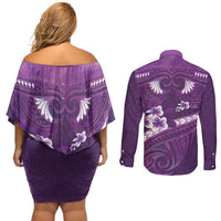 Purple Polynesia Couples Matching Off Shoulder Short Dress and Long Sleeve Button Shirt Tribal Pattern Tropical Frangipani LT14 - Polynesian Pride