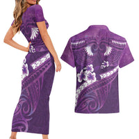 Purple Polynesia Couples Matching Short Sleeve Bodycon Dress and Hawaiian Shirt Tribal Pattern Tropical Frangipani LT14 - Polynesian Pride