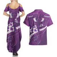 Purple Polynesia Couples Matching Summer Maxi Dress and Hawaiian Shirt Tribal Pattern Tropical Frangipani LT14 - Polynesian Pride