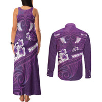 Purple Polynesia Couples Matching Tank Maxi Dress and Long Sleeve Button Shirt Tribal Pattern Tropical Frangipani LT14 - Polynesian Pride