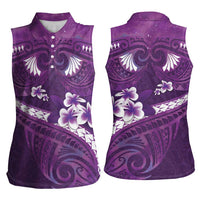Purple Polynesia Women Sleeveless Polo Shirt Tribal Pattern Tropical Frangipani