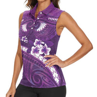 Purple Polynesia Women Sleeveless Polo Shirt Tribal Pattern Tropical Frangipani