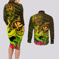 Hawaii Couples Matching Long Sleeve Bodycon Dress and Long Sleeve Button Shirts Kanaka Map With Polynesian Shark Tattoo Reggae Unique LT14 - Polynesian Pride