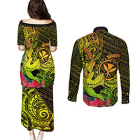Hawaii Couples Matching Puletasi Dress and Long Sleeve Button Shirts Kanaka Map With Polynesian Shark Tattoo Reggae Unique LT14 - Polynesian Pride