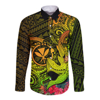 Hawaii Long Sleeve Button Shirt Kanaka Map With Polynesian Shark Tattoo Reggae Unique LT14 Unisex Reggae - Polynesian Pride