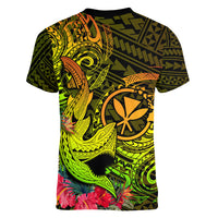 Hawaii Women V Neck T Shirt Kanaka Map With Polynesian Shark Tattoo Reggae Unique LT14 - Polynesian Pride