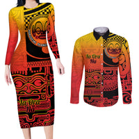 Personalised Ia Ora Na Marquesas Islands Couples Matching Long Sleeve Bodycon Dress and Long Sleeve Button Shirt Mata Tiki Marquesan Tattoo LT14 Red - Polynesian Pride