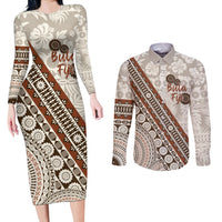 Bula Fiji Couples Matching Long Sleeve Bodycon Dress and Long Sleeve Button Shirt Fijian Masi Tapa Cloth Vintage Vibes LT14 Beige - Polynesian Pride