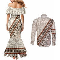 Bula Fiji Couples Matching Mermaid Dress and Long Sleeve Button Shirt Fijian Masi Tapa Cloth Vintage Vibes LT14 - Polynesian Pride