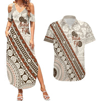 Bula Fiji Couples Matching Summer Maxi Dress and Hawaiian Shirt Fijian Masi Tapa Cloth Vintage Vibes LT14 Beige - Polynesian Pride