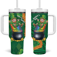 St Patrick's Day Hawaii Tumbler With Handle Hauoli Maoli Funny Shaka Leprechaun LT14 One Size: 40 oz Green - Polynesian Pride