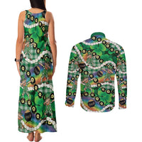 St Patrick's Day Palaka Hawaii Couples Matching Tank Maxi Dress and Long Sleeve Button Shirt Kukui Nut Pikake Lei Shamrock Dabbing Leprechaun