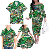 St Patrick's Day Palaka Hawaii Family Matching Off The Shoulder Long Sleeve Dress and Hawaiian Shirt Kukui Nut Pikake Lei Shamrock Dabbing Leprechaun