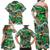 St Patrick's Day Palaka Hawaii Family Matching Off Shoulder Maxi Dress and Hawaiian Shirt Kukui Nut Pikake Lei Shamrock Dabbing Leprechaun