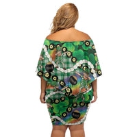 St Patrick's Day Palaka Hawaii Family Matching Off Shoulder Short Dress and Hawaiian Shirt Kukui Nut Pikake Lei Shamrock Dabbing Leprechaun
