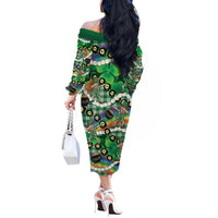 St Patrick's Day Palaka Hawaii Off The Shoulder Long Sleeve Dress Kukui Nut Pikake Lei Shamrock Dabbing Leprechaun LT14 - Polynesian Pride