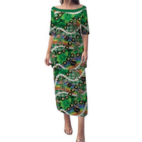 St Patrick's Day Palaka Hawaii Puletasi Kukui Nut Pikake Lei Shamrock Dabbing Leprechaun LT14 Long Dress Green - Polynesian Pride