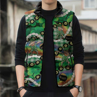 St Patrick's Day Palaka Hawaii Sleeveless Puffer Jacket Kukui Nut Pikake Lei Shamrock Dabbing Leprechaun LT14 - Polynesian Pride