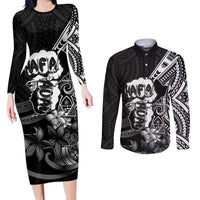 Hafa Adai Guam Discovery Day Couples Matching Long Sleeve Bodycon Dress and Long Sleeve Button Shirt Chamorro Latte Stone Hand Black Version LT14 Black - Polynesian Pride