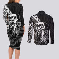 Hafa Adai Guam Discovery Day Couples Matching Long Sleeve Bodycon Dress and Long Sleeve Button Shirt Chamorro Latte Stone Hand Black Version LT14 - Polynesian Pride