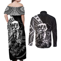 Hafa Adai Guam Discovery Day Couples Matching Off Shoulder Maxi Dress and Long Sleeve Button Shirt Chamorro Latte Stone Hand Black Version LT14 - Polynesian Pride