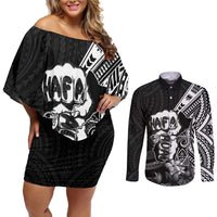 Hafa Adai Guam Discovery Day Couples Matching Off Shoulder Short Dress and Long Sleeve Button Shirt Chamorro Latte Stone Hand Black Version LT14 Black - Polynesian Pride