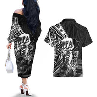 Hafa Adai Guam Discovery Day Couples Matching Off The Shoulder Long Sleeve Dress and Hawaiian Shirt Chamorro Latte Stone Hand Black Version LT14 - Polynesian Pride