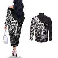 Hafa Adai Guam Discovery Day Couples Matching Off The Shoulder Long Sleeve Dress and Long Sleeve Button Shirt Chamorro Latte Stone Hand Black Version LT14 - Polynesian Pride