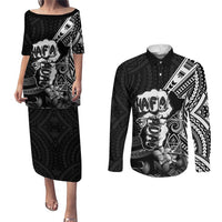 Hafa Adai Guam Discovery Day Couples Matching Puletasi and Long Sleeve Button Shirt Chamorro Latte Stone Hand Black Version LT14 Black - Polynesian Pride