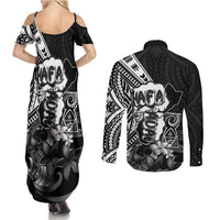 Hafa Adai Guam Discovery Day Couples Matching Summer Maxi Dress and Long Sleeve Button Shirt Chamorro Latte Stone Hand Black Version LT14 - Polynesian Pride
