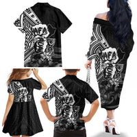 Hafa Adai Guam Discovery Day Family Matching Off The Shoulder Long Sleeve Dress and Hawaiian Shirt Chamorro Latte Stone Hand Black Version