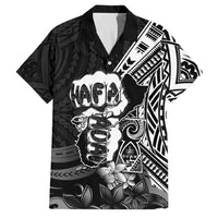 Hafa Adai Guam Discovery Day Family Matching Off The Shoulder Long Sleeve Dress and Hawaiian Shirt Chamorro Latte Stone Hand Black Version