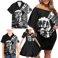 Hafa Adai Guam Discovery Day Family Matching Off Shoulder Short Dress and Hawaiian Shirt Chamorro Latte Stone Hand Black Version