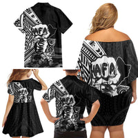 Hafa Adai Guam Discovery Day Family Matching Off Shoulder Short Dress and Hawaiian Shirt Chamorro Latte Stone Hand Black Version