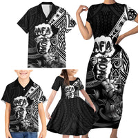 Hafa Adai Guam Discovery Day Family Matching Short Sleeve Bodycon Dress and Hawaiian Shirt Chamorro Latte Stone Hand Black Version