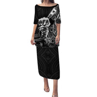 Hafa Adai Guam Discovery Day Puletasi Chamorro Latte Stone Hand Black Version LT14 Long Dress Black - Polynesian Pride