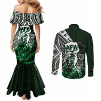 Hafa Adai Guam Discovery Day Couples Matching Mermaid Dress and Long Sleeve Button Shirt Chamorro Latte Stone Hand Green Version LT14 - Polynesian Pride