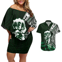 Hafa Adai Guam Discovery Day Couples Matching Off Shoulder Short Dress and Hawaiian Shirt Chamorro Latte Stone Hand Green Version LT14 Green - Polynesian Pride