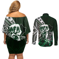 Hafa Adai Guam Discovery Day Couples Matching Off Shoulder Short Dress and Long Sleeve Button Shirt Chamorro Latte Stone Hand Green Version LT14 - Polynesian Pride