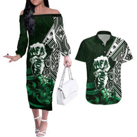 Hafa Adai Guam Discovery Day Couples Matching Off The Shoulder Long Sleeve Dress and Hawaiian Shirt Chamorro Latte Stone Hand Green Version